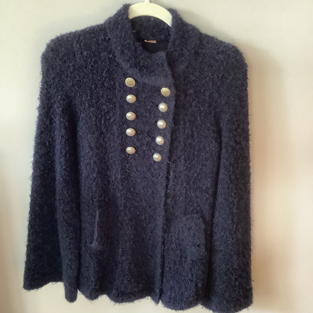 Free People midnight blue alpaca blend button down sweater jacket size large